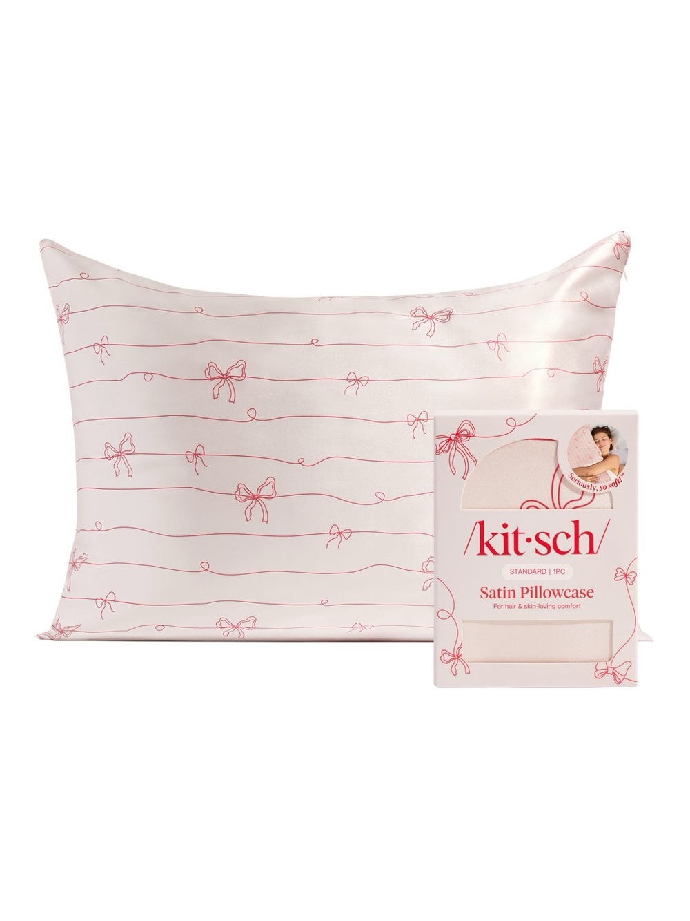Kitsch Satin Pillowcase in Blush Pink with Bow Stripe Print